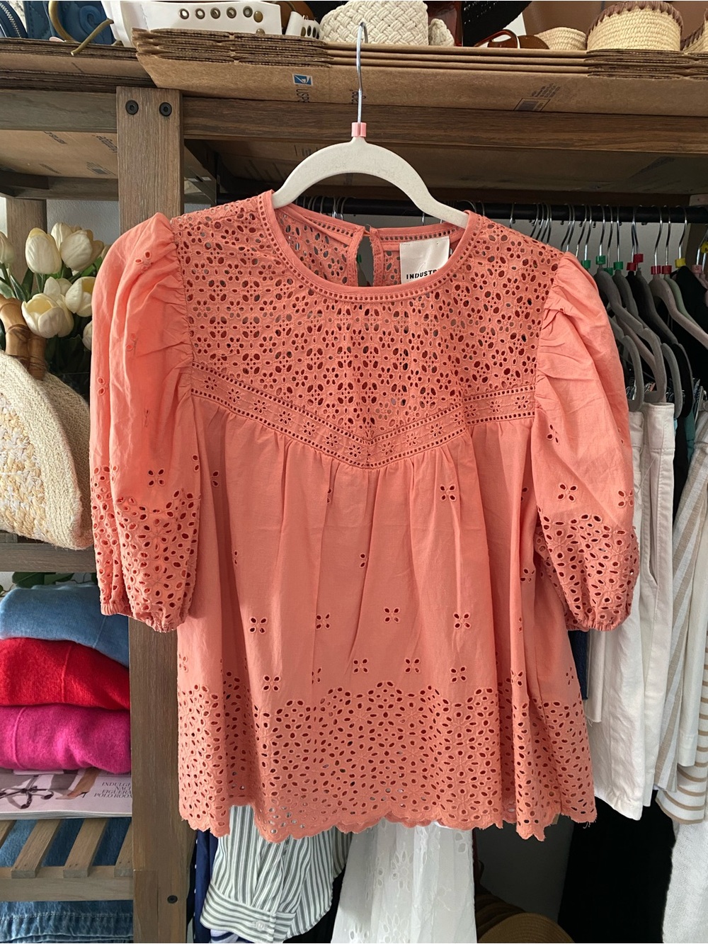 Eyelet Puff-Sleeve Blouse in Coral Pink -